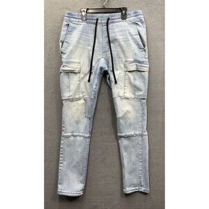 Pacsun Men’s Cargo Pant Elastic Waist Drawstring Distressed Light Blue Medium